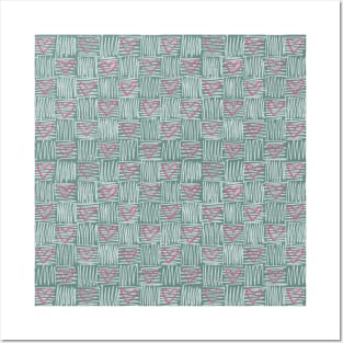 Modern minimalist checkered pink heart pattern on plaid green Posters and Art